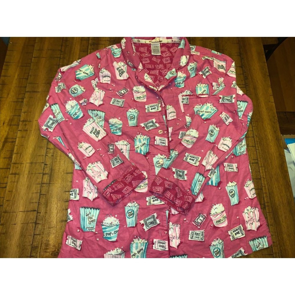 Monki Monki Long Sleeve Button Down Blouse Pink Movie Theatre Novelty Theme